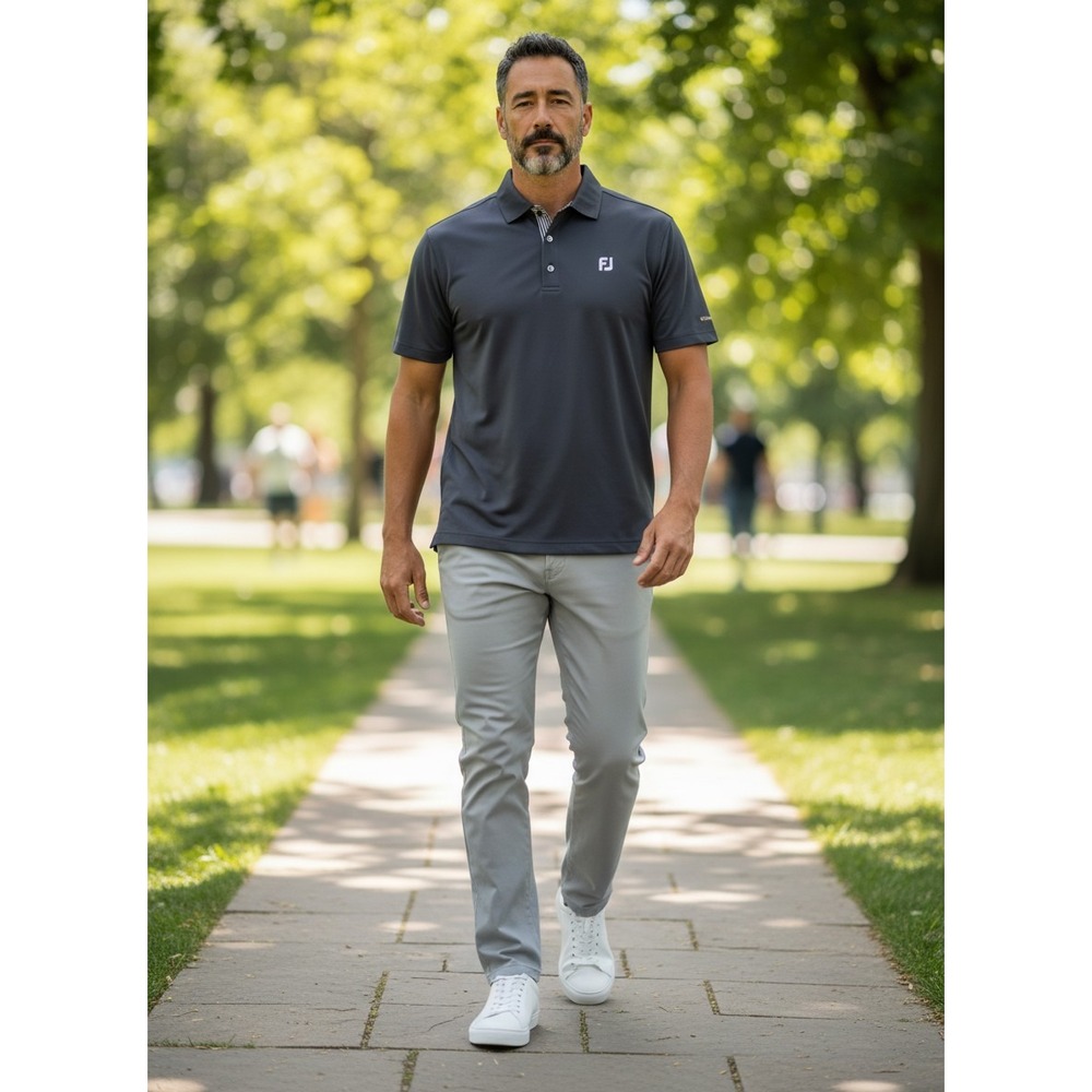 FootJoy Golf Polo Lrg Navy Blue Performance Stretch Short Sleeve Striped Trim